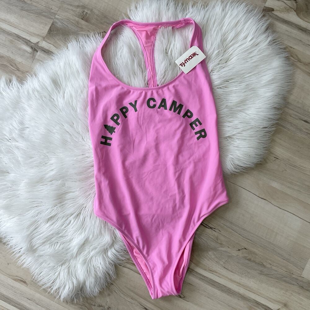 Arie Pink Happy Camper Graphic Razer Back Preppy Classic One Piece Long Large